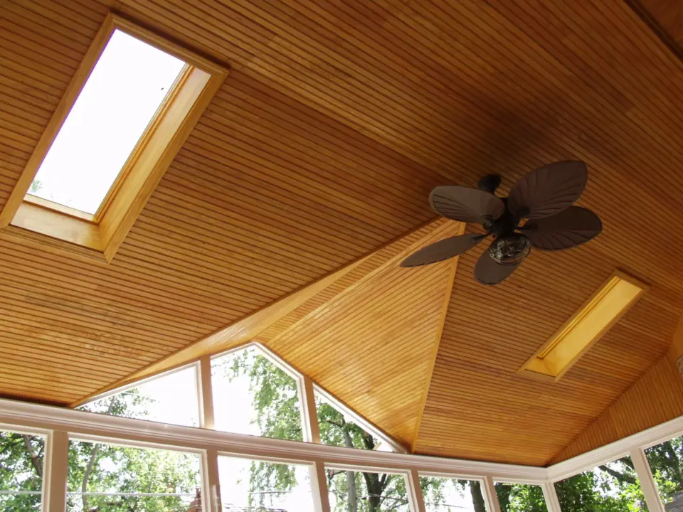 01 beaded fir screen room ceiling with fan