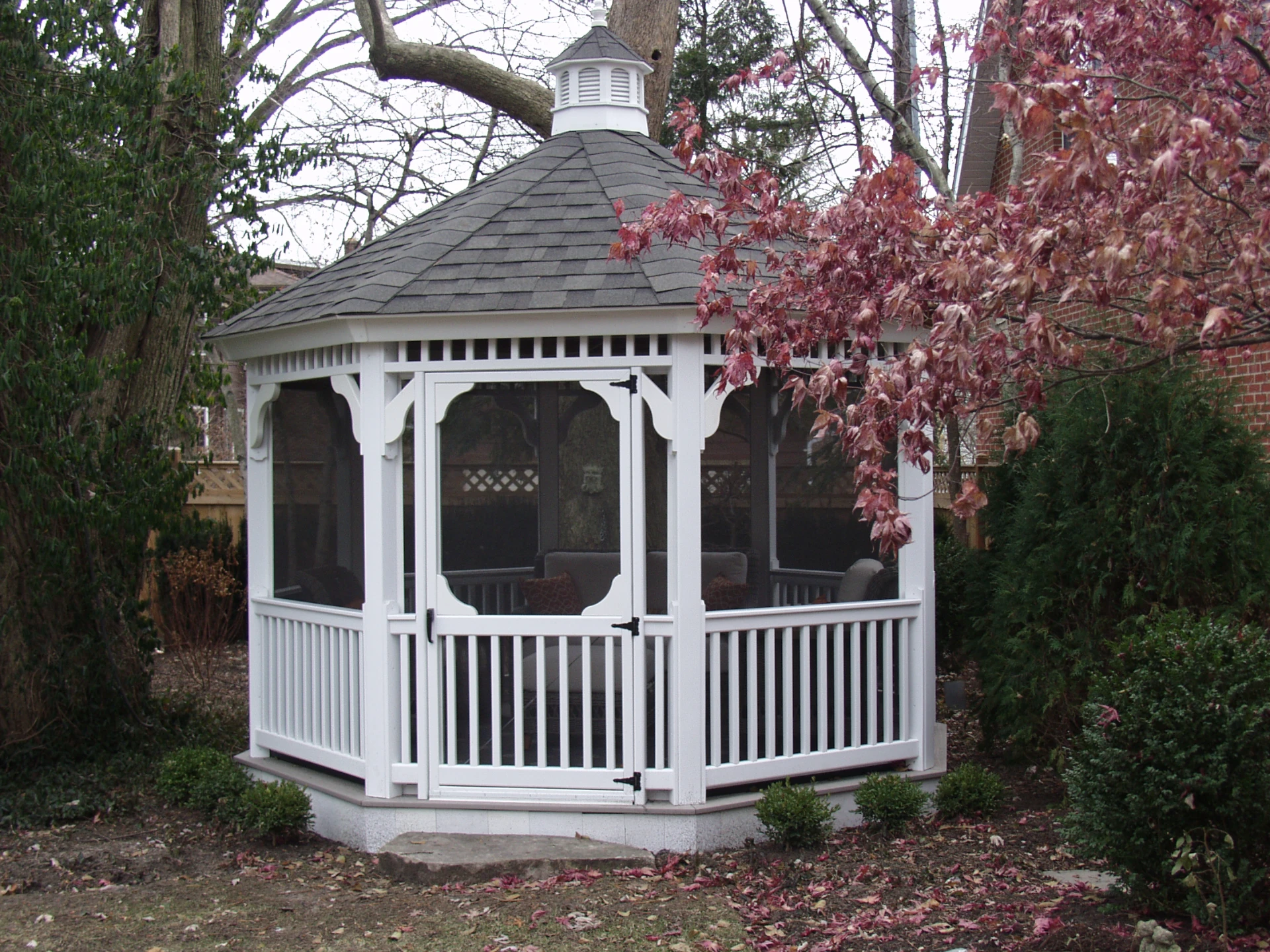 02 white octagonal screened gazebo with asphalt shingles