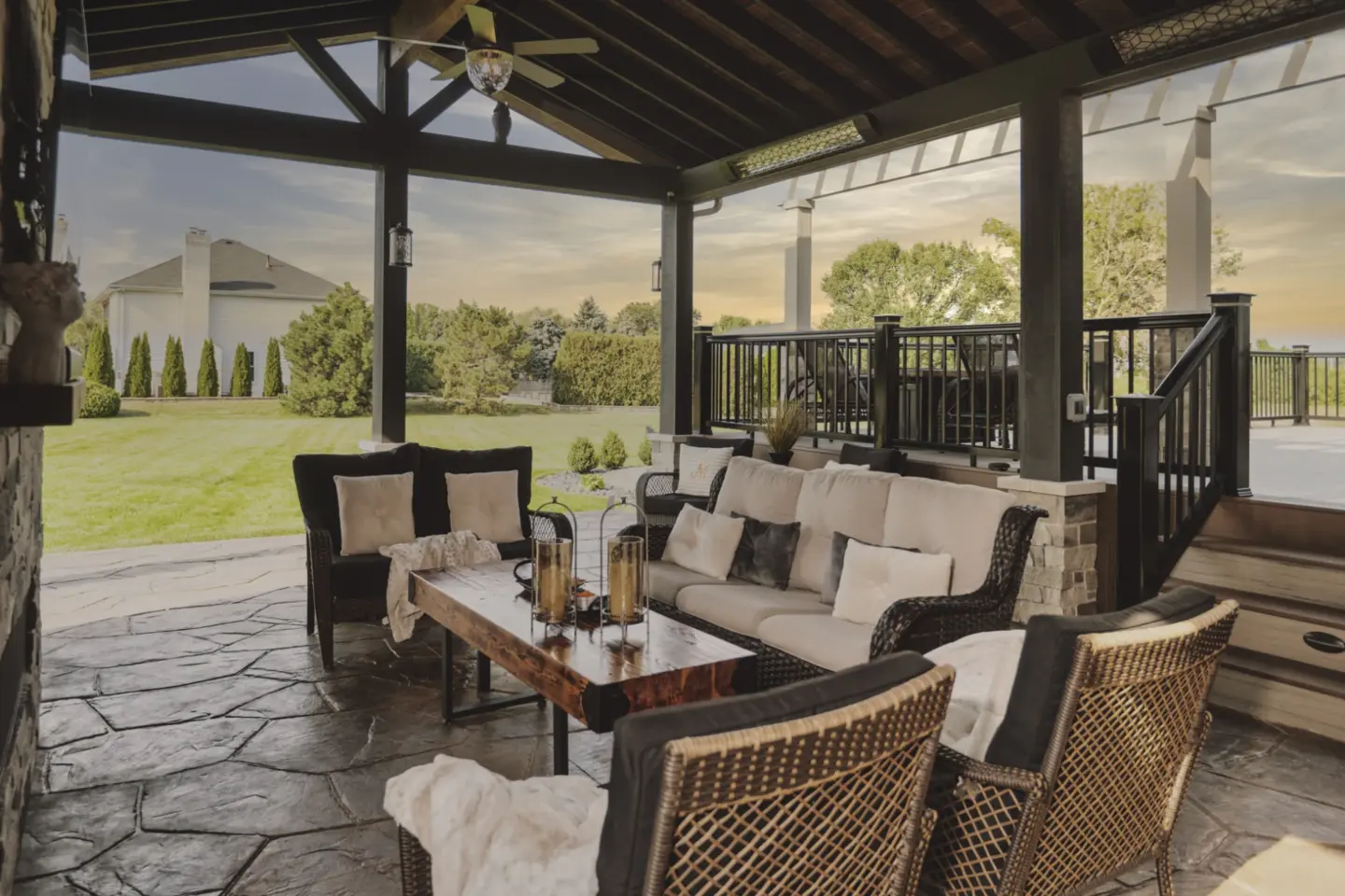 05 beautiful gable pavilion living space with furniture and ceiling fan