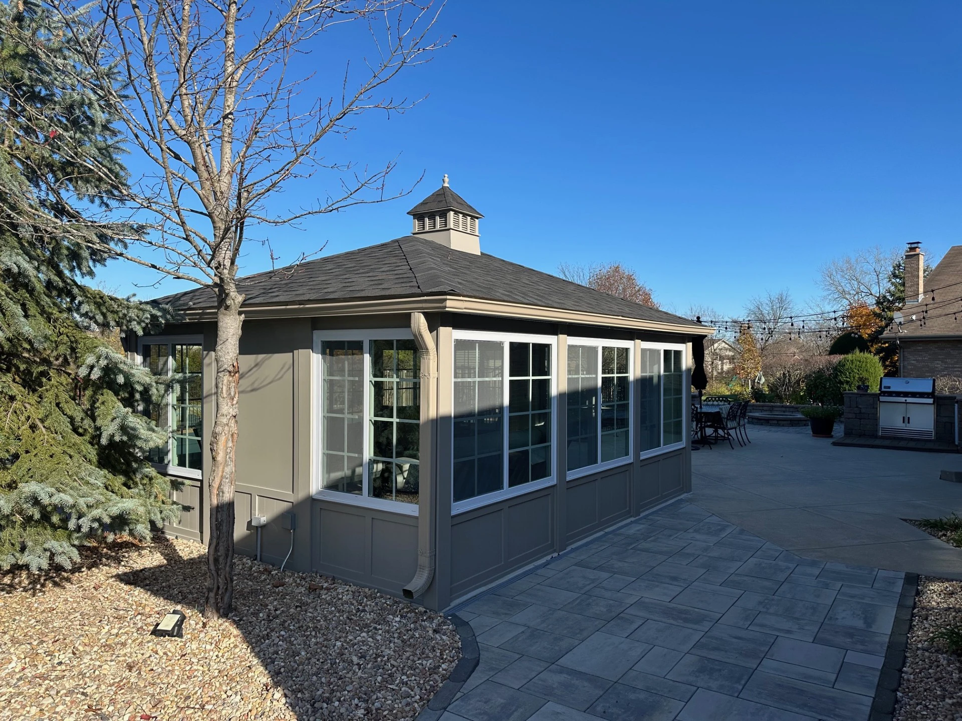 07 enclosed taupe rectangular gazebo with asphalt shingles