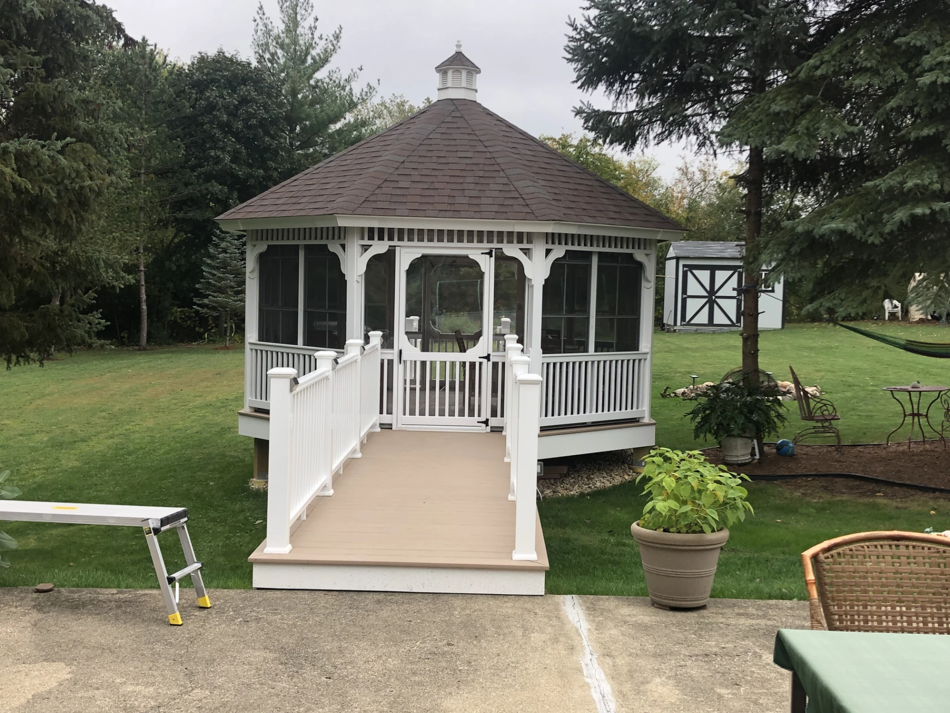 09 white pvc gazebo with catwalk and asphalt shingles