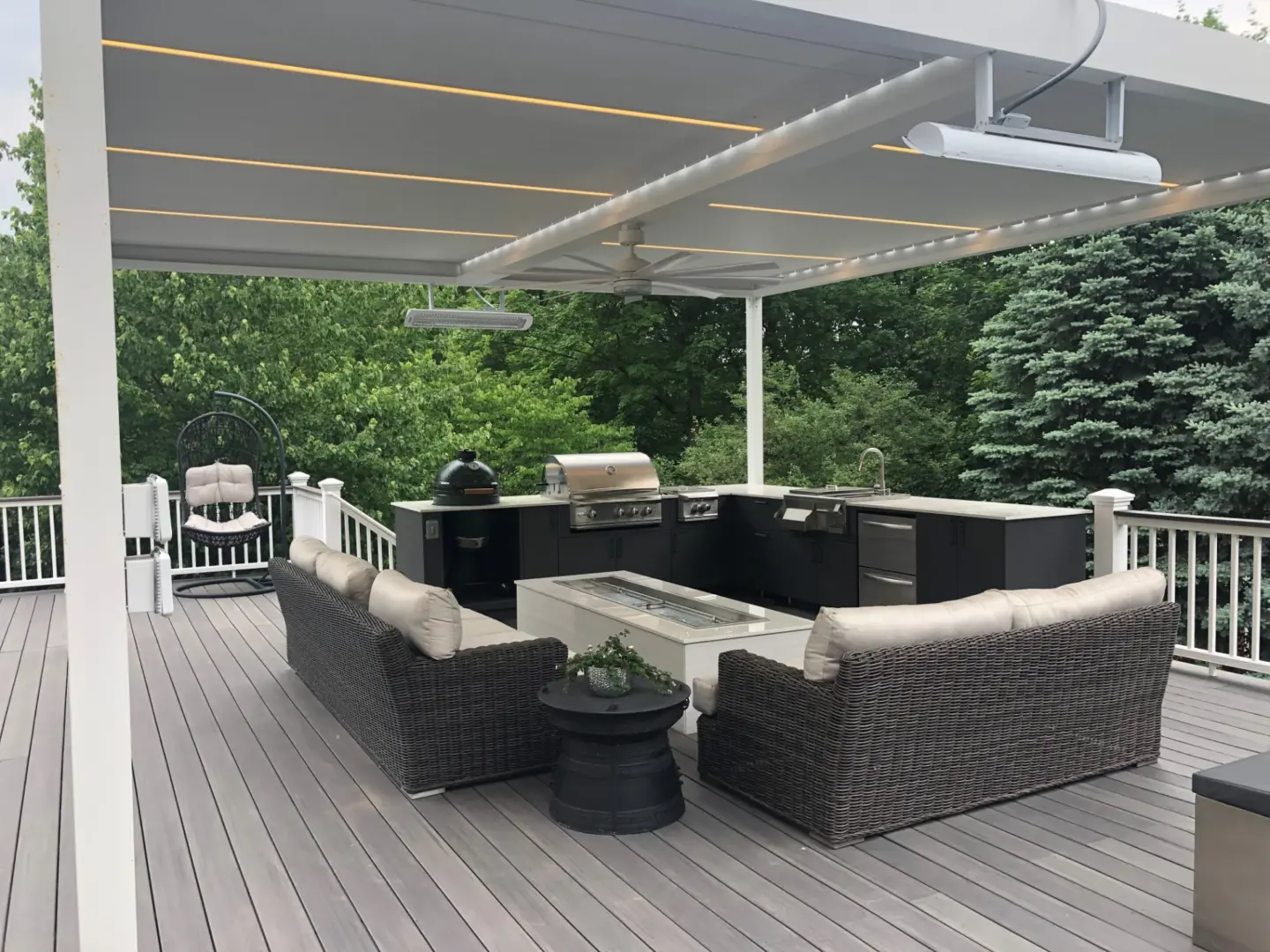 20 white aluminum Corradi Alba pergola above outdoor kitchen and TimberTech Castle Gate cellular pvc deck