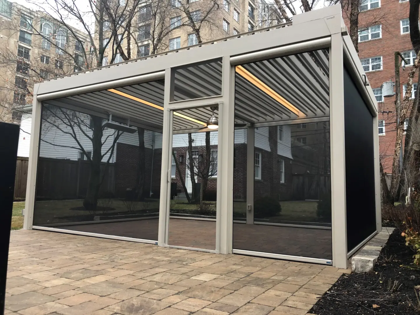 30 Dune colored Corradi Alba aluminum pergola with retractable screens