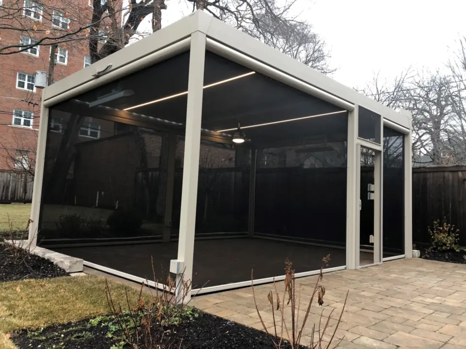 32 Dune colored Corradi Alba aluminum pergola with retractable screens