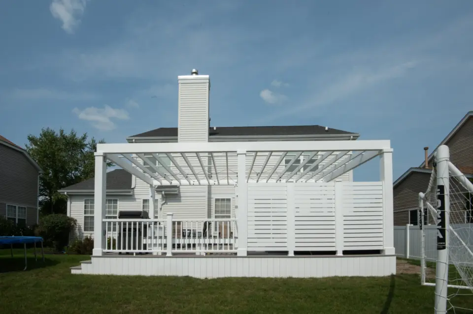33 custom white cellular pvc pergola above pvc deck